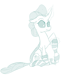 Size: 486x583 | Tagged: safe, artist:sintakhra, ocellus, changedling, changeling, tumblr:studentsix, clothes, cute, cuteling, diaocelles, happy, looking down, magic, post-it, sitting, smiling, socks, solo, striped socks