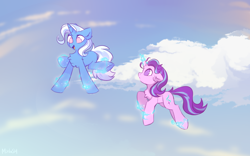 Size: 1600x1000 | Tagged: safe, artist:mirtash, derpibooru import, starlight glimmer, trixie, pony, unicorn, chest fluff, cloud, cute, duo, ear fluff, female, flying, levitation, magic, mare, no pupils, self-levitation, sketch, sky, telekinesis