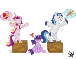 Size: 3301x2551 | Tagged: safe, artist:silentwings159, princess cadance, shining armor, twilight sparkle, twilight sparkle (alicorn), alicorn, pony, unicorn, bipedal, craft, cross-popping veins, female, flashlight (object), flashlight with a flashlight, heart, hidden eyes, hooves out, implied flashlight, implied shipping, implied straight, literal soapbox, male, overprotective, overprotective armor, papercraft, princess of love, princess of shipping, shadowed face, shining the anti-shipper, shipper on deck, shipping approved, shipping denied, shipping war, soapbox, straight