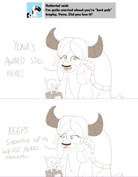 Size: 1152x1470 | Tagged: safe, artist:sintakhra, yona, yak, tumblr:studentsix, "best yak" trophy, award, monochrome, solo