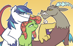 Size: 1280x807 | Tagged: safe, artist:glacierclear, discord, shining armor, tree hugger, pony, unicorn, smug