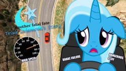 Size: 1280x720 | Tagged: safe, artist:marshmallowbfpony, derpibooru import, trixie, brake failure, car, cutie mark, solo, text