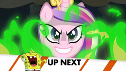 Size: 830x467 | Tagged: safe, edit, screencap, princess cadance, alicorn, pony, a canterlot wedding, evil, exploitable meme, fire, inappropriate timing spongebob banner, meme