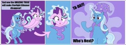 Size: 1280x464 | Tagged: safe, artist:vacuumvorer, derpibooru import, starlight glimmer, trixie, pony, unicorn, cape, clothes, comic, dialogue, hat, hat vore, magic, magic trick, sucking in, text, trixie's cape, trixie's hat