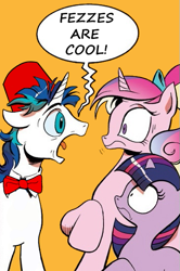 Size: 365x549 | Tagged: safe, princess cadance, shining armor, twilight sparkle, alicorn, pony, unicorn, spoiler:comic, doctor who, exploitable meme, fez, hat, meme, screaming armor