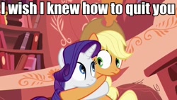 Size: 600x338 | Tagged: safe, edit, edited screencap, screencap, applejack, rarity, earth pony, pony, unicorn, look before you sleep, brokeback mountain, caption, female, hug, lesbian, rarijack, shipping