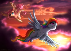 Size: 1000x727 | Tagged: safe, artist:littlefernanda, fluttershy, rainbow dash, pegasus, pony, cloud, colored hooves, duo, duo female, dusk, female, flying, mare, sky, spread wings, wings