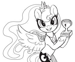 Size: 3400x2813 | Tagged: safe, artist:hawthornss, derpibooru exclusive, princess luna, alicorn, pony, #1, bipedal, blushing, cup, grin, looking at you, monochrome, prize, simple background, smiling, solo, trophy, twilight sparkle's secret shipfic folder, wip