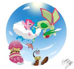 Size: 2762x2552 | Tagged: safe, artist:blood-asp0123, pinkie pie, earth pony, pony, altaria, crossover, flygon, pokémon