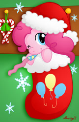 Size: 581x900 | Tagged: safe, artist:angelbless, pinkie pie, earth pony, pony, candy, candy cane, christmas, christmas stocking, cute, cutie mark, diapinkes, food, holiday, one eye closed, party horn, snow, snowflake, solo, wink