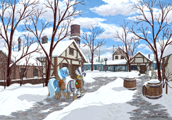 Size: 3000x2100 | Tagged: safe, artist:eriada, derpibooru import, trixie, zecora, pony, unicorn, zebra, boots, clothes, female, mare, saddle bag, scenery, snow, snowfall, train, train station, water tower, winter