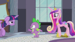 Size: 500x281 | Tagged: safe, screencap, princess cadance, spike, twilight sparkle, twilight sparkle (alicorn), alicorn, dragon, pony, princess spike (episode), animated, animation error, derp, discovery family, discovery family logo, dizzy, eyes closed, falling, female, floppy ears, frown, mare, raised hoof, sister-in-law, smiling, spread wings, talking, tired, worried, yawn