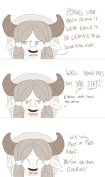 Size: 1152x1946 | Tagged: safe, artist:sintakhra, yona, yak, tumblr:studentsix, ask, monochrome, solo, the fun has been doubled, tumblr