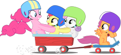 Size: 3904x1785 | Tagged: safe, artist:stinkehund, apple bloom, pinkie pie, scootaloo, sweetie belle, earth pony, pegasus, pony, unicorn, cart, cutie mark crusaders, female, filly, foal, helmet, mare, scooter, simple background, transparent background, vector, wagon