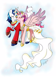 Size: 2552x3508 | Tagged: safe, artist:chibi-jen-hen, princess cadance, shining armor, alicorn, pony, unicorn, boop, clothes, dress, eyes closed, female, male, mare, noseboop, shiningcadance, shipping, stallion, straight, wedding dress