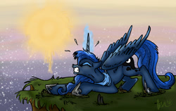 Size: 1103x695 | Tagged: safe, artist:italysky, princess luna, alicorn, pony, eyes closed, floppy ears, gritted teeth, magic, solo, straining, sunrise