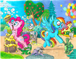 Size: 900x698 | Tagged: safe, artist:andypriceart, idw, apple bloom, gummy, pinkie pie, rainbow dash, tank, zecora, alligator, earth pony, pegasus, pony, tortoise, zebra, apple, apple tree, balloon, bipedal, brew, bubble, cake, cauldron, comic cover, cover, cute, dancing, eating, flying, glowing eyes, idw advertisement, mushroom, open mouth, record, tongue out