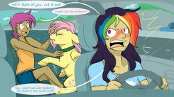 Size: 1503x842 | Tagged: safe, artist:cartoonlion, fluttershy, rainbow dash, scootaloo, oc, oc:futashy, pegasus, pony, car, clothes, female, fight, futa, futashy, futaverse, humanized, intersex, mare, tanktop