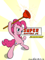 Size: 900x1208 | Tagged: safe, artist:onsaud, artist:saw-buck, pinkie pie, earth pony, pony, bipedal, plunger, sign, solo