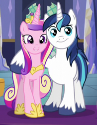 Size: 360x462 | Tagged: safe, screencap, princess cadance, shining armor, alicorn, pony, unicorn, the one where pinkie pie knows, couple, cropped, cute, cutedance, female, grin, hug, husband and wife, looking at you, male, puppy dog eyes, raised eyebrow, shining adorable, shiningcadance, shipping, smiling, straight