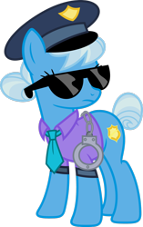 Size: 1024x1630 | Tagged: safe, artist:blah23z, color edit, derpibooru import, edit, copper top, trixie, earth pony, pony, unicorn, the gift of the maud pie, colored, female, hand cuffs, mare, necktie, police, police officer, police uniform, recolor, simple background, solo, sunglasses