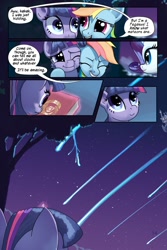 Size: 720x1080 | Tagged: safe, artist:tswt, rainbow dash, rarity, twilight sparkle, pegasus, pony, unicorn, comic:friendship update, book, canterlot, comic, female, hug, mare, night