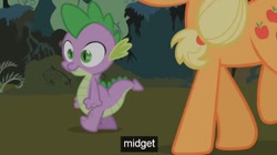 Size: 680x382 | Tagged: safe, edit, edited screencap, screencap, applejack, spike, dragon, earth pony, pony, caption, male, youtube caption