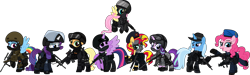 Size: 8001x2403 | Tagged: safe, alternate version, artist:n0kkun, derpibooru import, applejack, fluttershy, pinkie pie, rainbow dash, rarity, starlight glimmer, sunset shimmer, trixie, twilight sparkle, twilight sparkle (alicorn), alicorn, earth pony, pegasus, pony, unicorn, accuracy international, afp, ak-103, armor, assault rifle, aug, australia, awm, balaclava, belt, beret, boots, bope, brazil, british, bullet, clothes, colt canada c8nld, commission, cuffs, ear piercing, earpiece, earring, face paint, famas, female, fingerless gloves, flying, france, fsb, german, gign, glock, glock 17, gloves, goggles, grenade, gsg9, gun, handgun, hat, helmet, hk416, holster, imbel md97, jacket, jewelry, knee pads, knife, m4a1, mane six, mare, model 686, mp5, mp5k, mp7, netherlands, open mouth, p-965, p90, pants, piercing, pistol, police, pouch, radio, raised hoof, raised leg, remington 870, revolver, rifle, royal marechaussee, sawed off shotgun, sco19, sek, shirt, shoes, shotgun, shotgun shell, simple background, skull, sniper, sniper rifle, steyr aug, submachinegun, swat, transparent background, united kingdom, united states, usp, visor, wall of tags, weapon