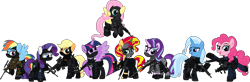 Size: 7999x2625 | Tagged: safe, alternate version, artist:n0kkun, derpibooru import, applejack, fluttershy, pinkie pie, rainbow dash, rarity, starlight glimmer, sunset shimmer, trixie, twilight sparkle, twilight sparkle (alicorn), alicorn, earth pony, pegasus, pony, unicorn, accuracy international, afp, ak-103, armor, assault rifle, aug, australia, awm, balaclava, belt, boots, bope, brazil, british, bullet, clothes, colt canada c8nld, commission, cuffs, ear piercing, earpiece, earring, face paint, famas, female, fingerless gloves, flying, france, fsb, german, gign, glock, glock 17, gloves, grenade, gsg9, gun, handgun, hk416, holster, imbel md97, jacket, jewelry, knee pads, knife, m4a1, mane six, mare, model 686, mp5, mp5k, mp7, netherlands, open mouth, p-965, p90, pants, piercing, pistol, police, pouch, radio, raised hoof, raised leg, remington 870, revolver, rifle, royal marechaussee, sawed off shotgun, sco19, sek, shirt, shoes, shotgun, shotgun shell, simple background, skull, sniper, sniper rifle, steyr aug, submachinegun, swat, transparent background, united kingdom, united states, usp, wall of tags, weapon