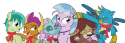 Size: 1920x662 | Tagged: safe, artist:sintakhra, gallus, ocellus, sandbar, silverstream, smolder, yona, changedling, changeling, classical hippogriff, dragon, earth pony, griffon, hippogriff, pony, yak, bow, clothes, cloven hooves, colored hooves, cute, diaocelles, diastreamies, dragoness, female, gallabetes, hair bow, jewelry, male, monkey swings, necklace, sandabetes, scarf, simple background, smolderbetes, student six, teenager, transparent background, yonadorable