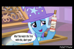 Size: 1288x858 | Tagged: safe, derpibooru import, edit, edited screencap, editor:teren rogriss, screencap, trixie, unicorn, the ending of the end, alcohol, bottle, cape, clothes, hat, school of friendship, stolichnaya, trixie's cape, trixie's hat, vodka