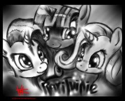 Size: 796x643 | Tagged: safe, artist:unitoone, derpibooru import, rarity, trixie, twilight sparkle, pony, unicorn, female, grayscale, lesbian, mare, monochrome, rarilight, raritwixie, rarixie, shipping, twixie