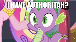 Size: 1366x768 | Tagged: safe, screencap, princess cadance, spike, alicorn, dragon, pony, princess spike (episode), image macro, meme, parody, reference, respect my authoritah, south park