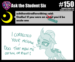 Size: 800x667 | Tagged: safe, artist:sintakhra, ocellus, changedling, changeling, tumblr:studentsix, angle, ask, correction, dialogue, fake cutie mark, female, lidded eyes, looking at you, post-it, pun, simple background, smartass, smiling, smirk, smug, smug bug, solo, talking to viewer, text, tumblr, white background