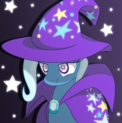 Size: 3966x4000 | Tagged: safe, artist:humbertomena, artist:mrcbleck, artist:rainbowdash, derpibooru import, trixie, pony, unicorn, collaboration, absurd resolution, clothes, female, hat, mare, signature, smiling, solo, starry eyes, trixie's cape, trixie's hat, wingding eyes, wizard hat