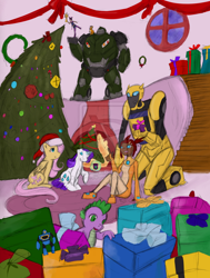 Size: 800x1059 | Tagged: safe, applejack, fluttershy, rarity, spike, dragon, earth pony, pegasus, pony, unicorn, bulkhead, bumblebee, christmas, crossover, miko, sari sumdac, soundwave (transformers), transformers, watermark