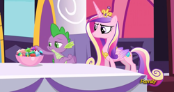 Size: 1920x1015 | Tagged: safe, screencap, princess cadance, spike, alicorn, dragon, pony, princess spike (episode), cadance is not amused, unamused