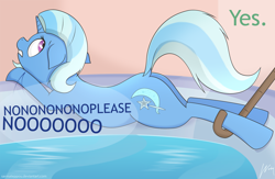 Size: 1280x833 | Tagged: safe, artist:wonkysole, derpibooru import, trixie, pony, unicorn, bath, bathtub, behaving like a cat, cane, cute, diatrixes, female, forced bathing, implied anon, mare, offscreen character, solo, water