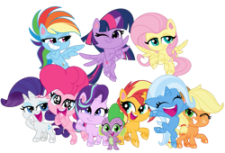 Size: 1085x737 | Tagged: safe, artist:emeraldblast63, derpibooru import, applejack, fluttershy, pinkie pie, rainbow dash, rarity, spike, starlight glimmer, sunset shimmer, trixie, twilight sparkle, twilight sparkle (alicorn), alicorn, dragon, earth pony, pegasus, pony, unicorn, g4, my little pony: pony life, bipedal, chibi, g4 to g4.5, mane seven, mane six, simple background, transparent background