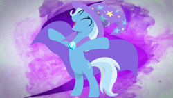 Size: 1024x576 | Tagged: safe, artist:shelmo69, artist:spntax, derpibooru import, trixie, pony, unicorn, cape, clothes, eyes closed, female, mare, minimalist, smiling, trixie's hat, upright, vector, wallpaper