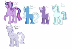 Size: 1280x868 | Tagged: safe, artist:kittii-kat, derpibooru import, trixie, twilight sparkle, twilight sparkle (alicorn), oc, oc:charm, oc:suave gambit, oc:tallulah moon, alicorn, unicorn, family, female, lesbian, magical lesbian spawn, missing cutie mark, offspring, parent:trixie, parent:twilight sparkle, parents:twixie, shipping, simple background, twixie, white background