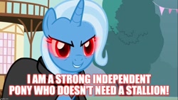 Size: 1280x720 | Tagged: safe, derpibooru import, edit, edited screencap, screencap, trixie, magic duel, alicorn amulet, caption, image macro, meme, text, trixie yells at everything