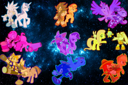 Size: 900x600 | Tagged: safe, artist:trungtranhaitrung, angel bunny, applejack, fluttershy, pinkie pie, princess cadance, rainbow dash, rarity, shining armor, sunset shimmer, twilight sparkle, twilight sparkle (alicorn), alicorn, earth pony, pegasus, pony, unicorn, amy rose, basket, blaze the cat, chao, colored, cream the rabbit, crossover, fruit, knuckles the echidna, mane six, miles "tails" prower, party cannon, piko piko hammer, rouge the bat, shadow the hedgehog, silver the hedgehog, sonic the hedgehog, sonic the hedgehog (series), space, telescope, vegetables