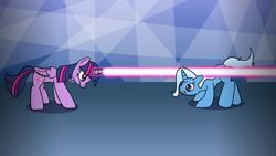 Size: 1920x1080 | Tagged: safe, artist:platinumdrop, derpibooru import, trixie, twilight sparkle, twilight sparkle (alicorn), alicorn, dodge, fight, laser beam, request