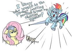 Size: 1200x857 | Tagged: safe, artist:cider, fluttershy, rainbow dash, pegasus, pony, armor, crystal guard armor, fluttershy is not amused, jousting, unamused, yay