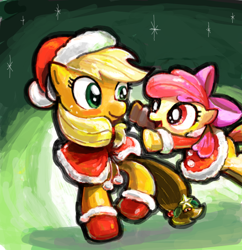 Size: 600x620 | Tagged: safe, artist:sukaponta, apple bloom, applejack, earth pony, pony, clothes, hug, incoming hug, pixiv, santa costume