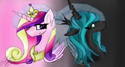 Size: 1600x858 | Tagged: safe, artist:lovelydreams14, princess cadance, queen chrysalis, alicorn, changeling, changeling queen, pony, female, horn, wingding eyes