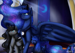 Size: 1024x723 | Tagged: safe, artist:alenakot, princess luna, oc, alicorn, pony, crown, duo, duo female, female, horn, mare