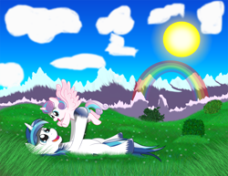 Size: 2750x2125 | Tagged: safe, artist:spellboundcanvas, princess flurry heart, shining armor, pony, unicorn, absurd file size, diaper, father and child, father and daughter, father's day, field, male, mountain, parent and child, rainbow, sun