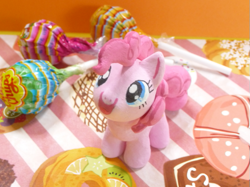 Size: 589x441 | Tagged: safe, artist:ラル, pinkie pie, earth pony, pony, candy, chupa chups, custom, cute, filly, food, happy, irl, japan, lollipop, photo, plushie, sculpture, smiling